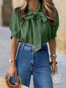 Blusa Com Gola Laço E Manga Bufante Com Pregas Verde / PP Blusa Com Gola Laço E Manga Bufante Com Pregas