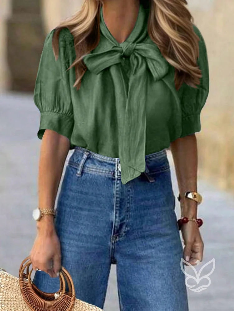 Blusa Com Gola Laço E Manga Bufante Com Pregas Verde / PP Blusa Com Gola Laço E Manga Bufante Com Pregas