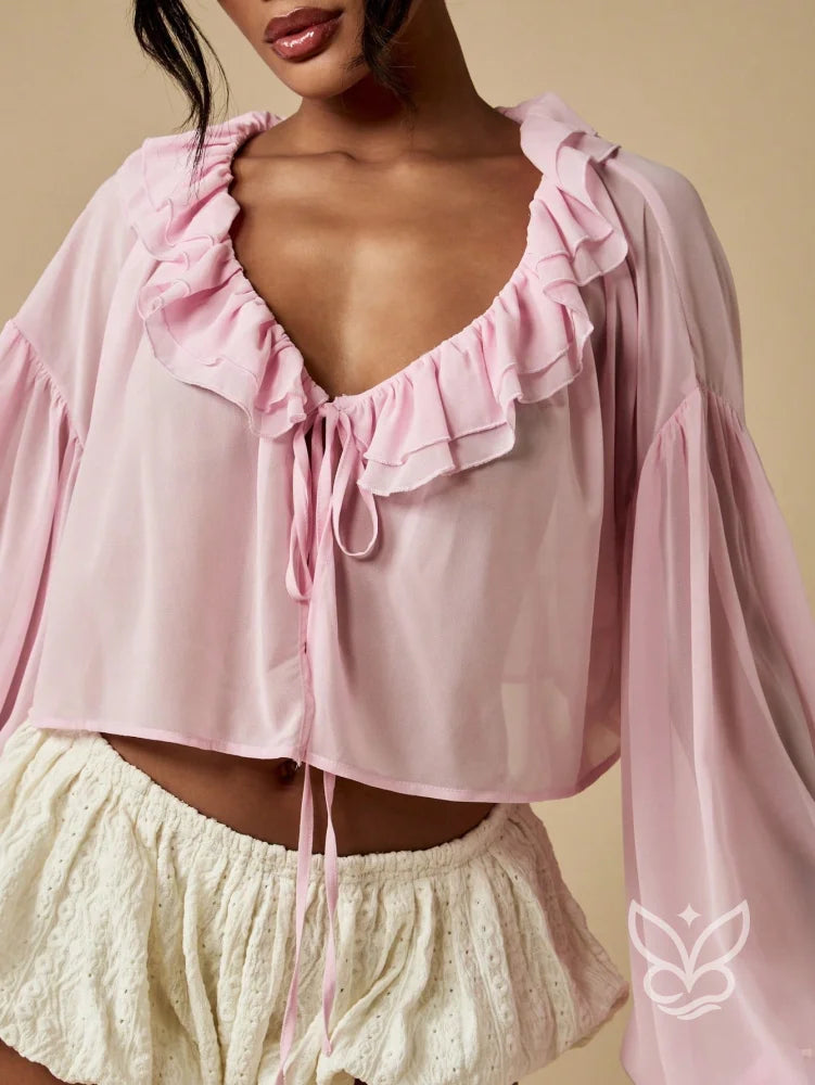 Blusa Com Gola Victoriana Babados E Mangas Bufantes Blusa Com Gola Victoriana Babados E Mangas Bufantes