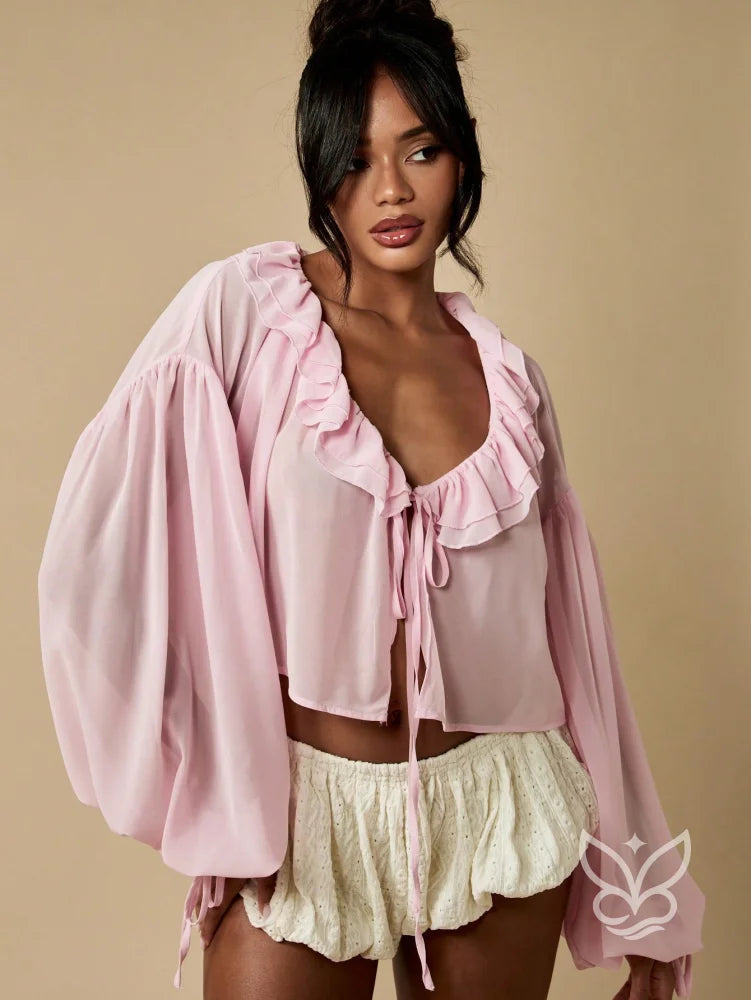 Blusa Com Gola Victoriana Babados E Mangas Bufantes Rosa Chiclete / PP Blusa Com Gola Victoriana Babados E Mangas