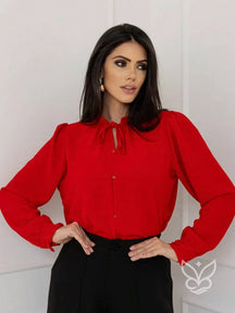 Blusa com Laço na Gola e Manga Longa Sofisticada Vermelho / PP Blusa com Laço na Gola e Manga Longa Sofisticada