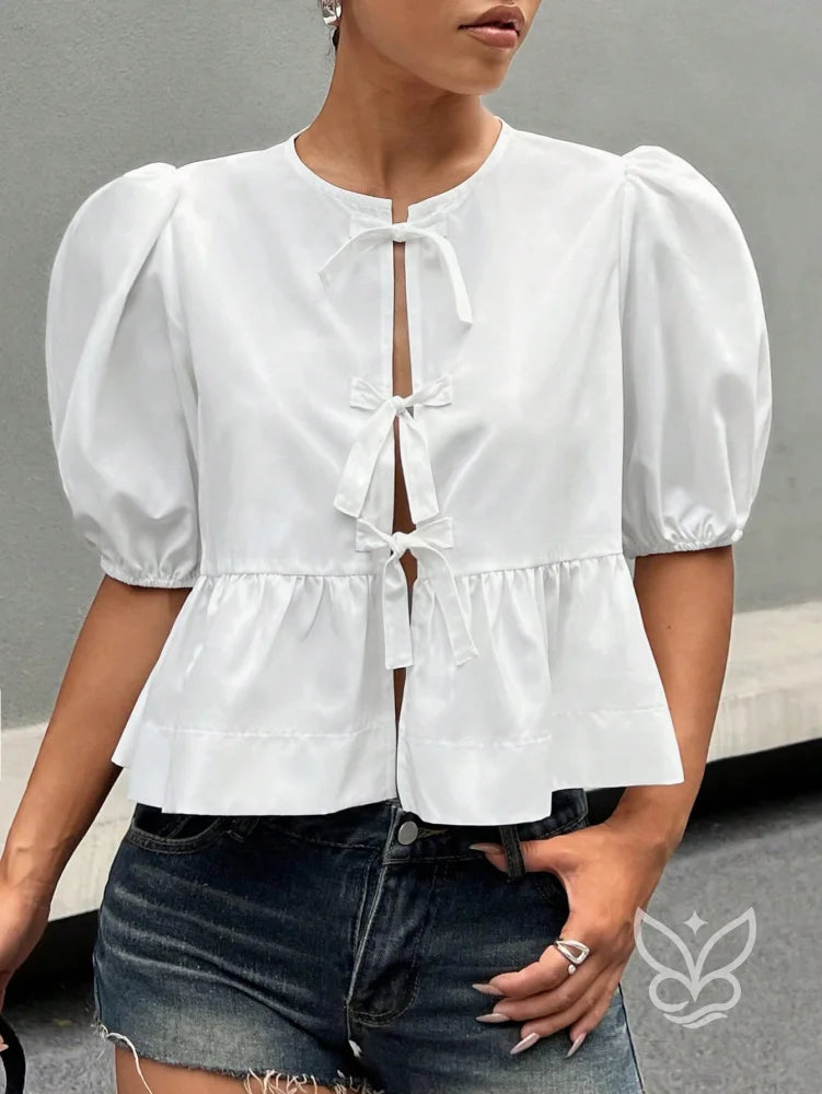 Blusa com Laços Delicados e Manga Bufante Estruturada Branco / PP Blusa com Laços Delicados e Manga Bufante Estruturada