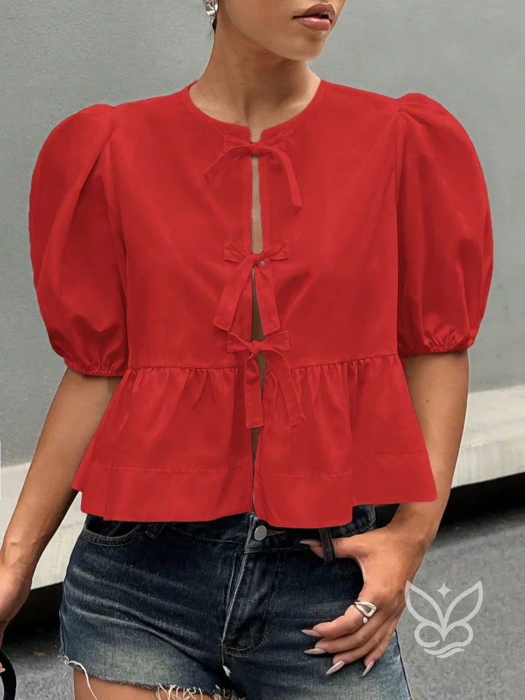 Blusa com Laços Delicados e Manga Bufante Estruturada Vermelho / PP Blusa com Laços Delicados e Manga Bufante