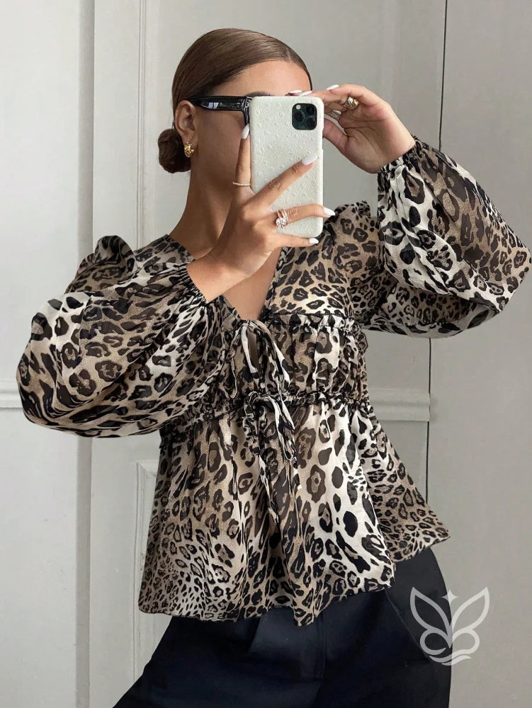 Blusa Com Laços Frontais E Manga Bufante Romântica Estampa 1 / PP Blusa Com Laços Frontais E Manga Bufante Romântica