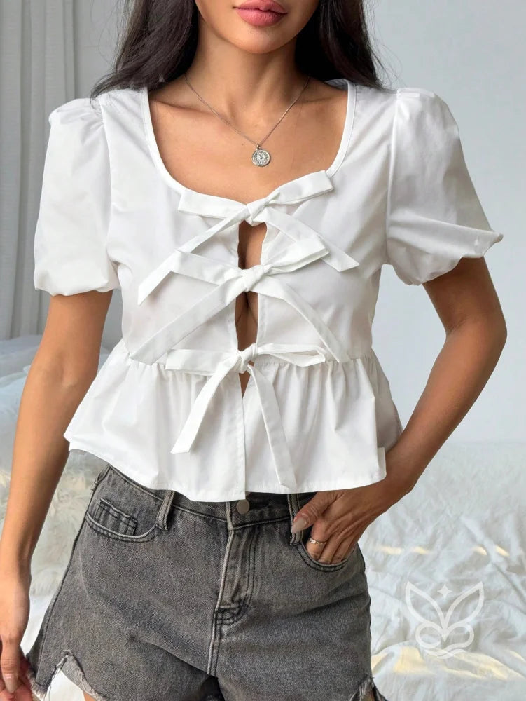 Blusa com Laços Frontais e Manga Curta Bufante Branco / PP Blusa com Laços Frontais e Manga Curta Bufante