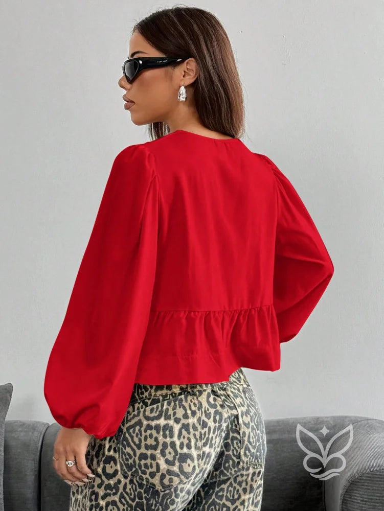Blusa com Laços Frontais e Manga Longa Bufante Blusa com Laços Frontais e Manga Longa Bufante