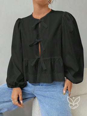 Blusa com Laços Frontais e Manga Longa Bufante Blusa com Laços Frontais e Manga Longa Bufante