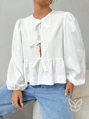 Blusa com Laços Frontais e Manga Longa Bufante Blusa com Laços Frontais e Manga Longa Bufante