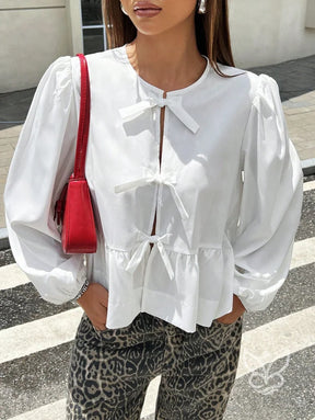 Blusa com Laços Frontais e Manga Longa Bufante Branco / PP Blusa com Laços Frontais e Manga Longa Bufante