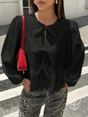 Blusa com Laços Frontais e Manga Longa Bufante Preto / PP Blusa com Laços Frontais e Manga Longa Bufante