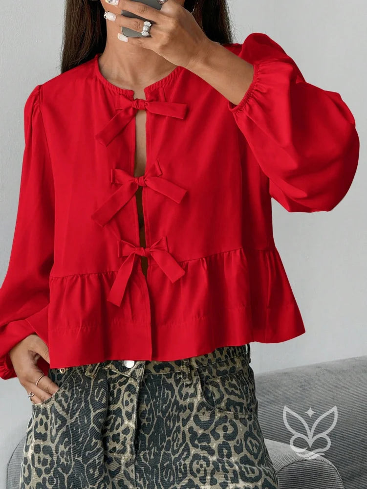 Blusa com Laços Frontais e Manga Longa Bufante Vermelho / PP Blusa com Laços Frontais e Manga Longa Bufante