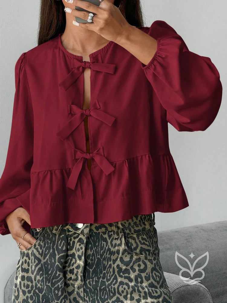 Blusa com Laços Frontais e Manga Longa Bufante Vinho / PP Blusa com Laços Frontais e Manga Longa Bufante