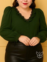 Blusa Com Manga Bufante E Decote V Elegante Verde Escuro / PP Blusa Com Manga Bufante E Decote V Elegante