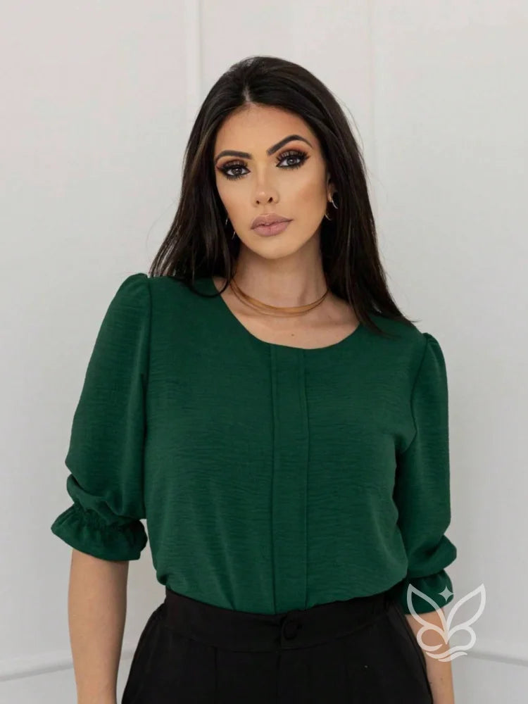 Blusa com Manga Bufante e Pregas Delicadas Verde Militar / PP Blusa com Manga Bufante e Pregas Delicadas