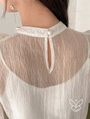 Blusa Com Manga Bufante Gola Laço E Transparência Delicada Blusa Com Manga Bufante Gola Laço E Transparência Delicada