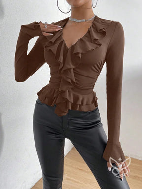 Blusa Com Manga Flare Babados E Franzidos Na Cintura Blusa Com Manga Flare Babados E Franzidos Na Cintura
