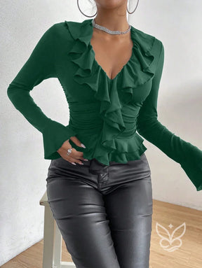 Blusa Com Manga Flare Babados E Franzidos Na Cintura Blusa Com Manga Flare Babados E Franzidos Na Cintura