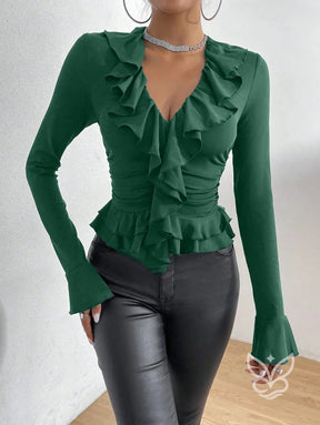 Blusa Com Manga Flare Babados E Franzidos Na Cintura Blusa Com Manga Flare Babados E Franzidos Na Cintura