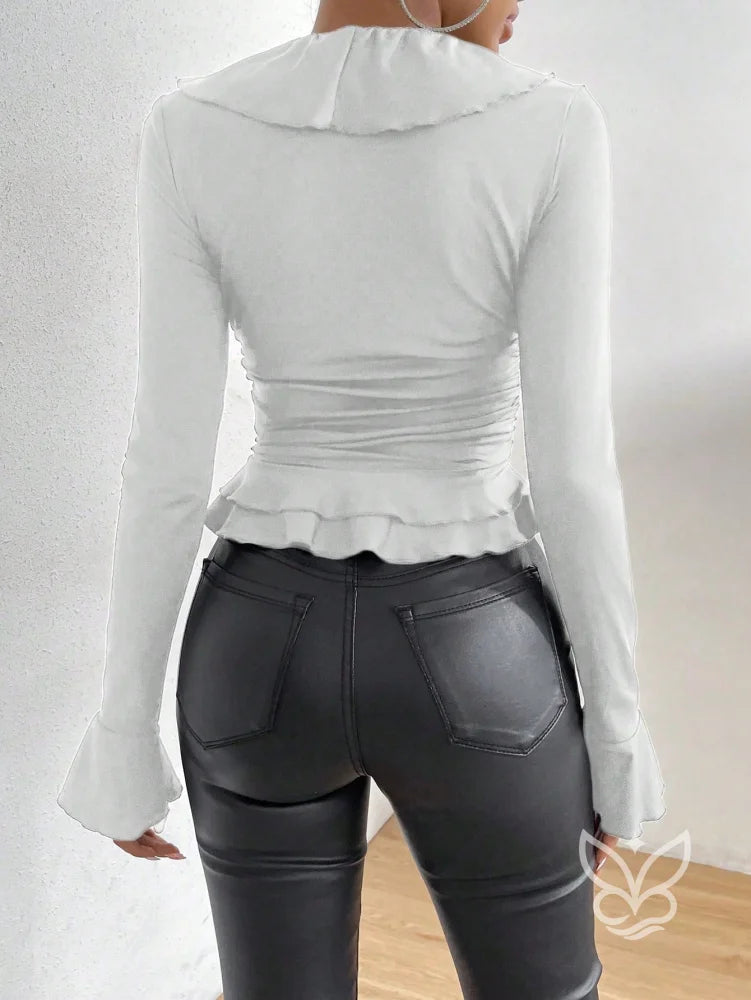 Blusa Com Manga Flare Babados E Franzidos Na Cintura Blusa Com Manga Flare Babados E Franzidos Na Cintura