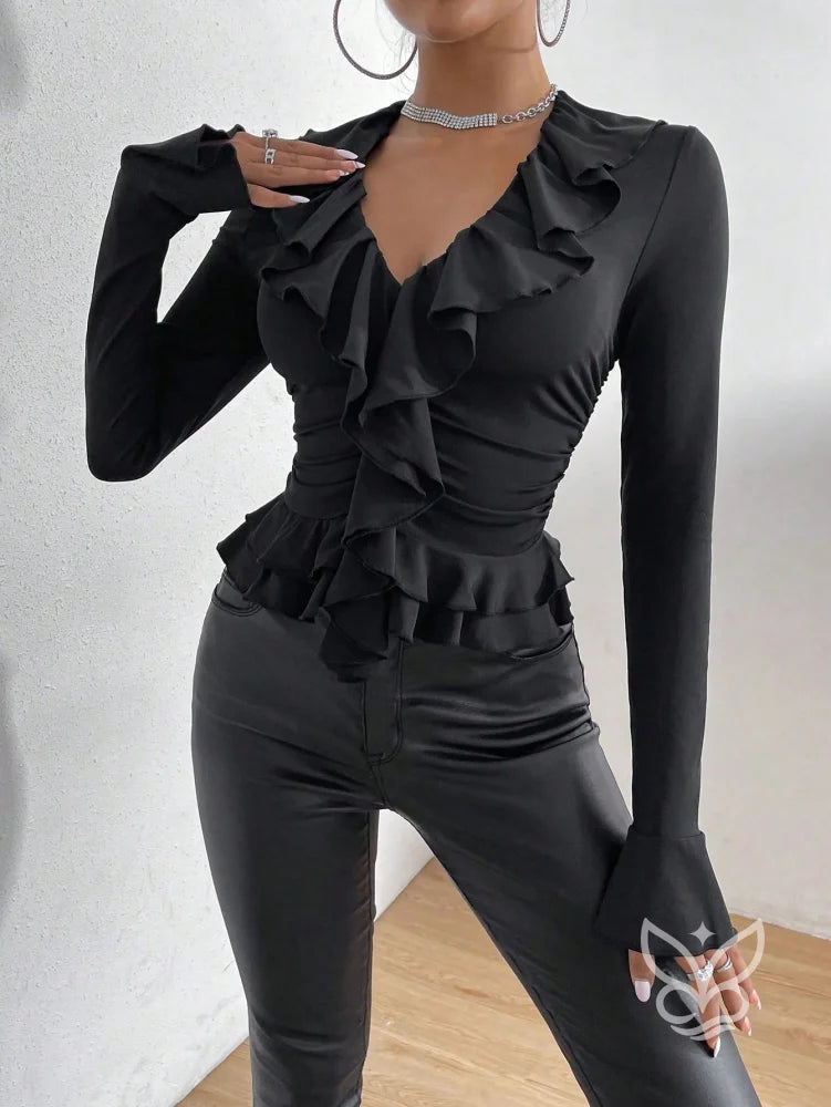 Blusa Com Manga Flare Babados E Franzidos Na Cintura Blusa Com Manga Flare Babados E Franzidos Na Cintura