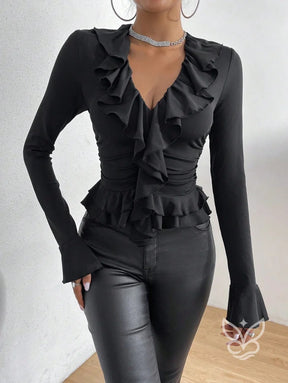 Blusa Com Manga Flare Babados E Franzidos Na Cintura Blusa Com Manga Flare Babados E Franzidos Na Cintura