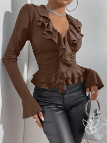 Blusa Com Manga Flare Babados E Franzidos Na Cintura Castanho / PP Blusa Com Manga Flare Babados E Franzidos Na Cintura