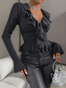 Blusa Com Manga Flare Babados E Franzidos Na Cintura Preto / PP Blusa Com Manga Flare Babados E Franzidos Na Cintura