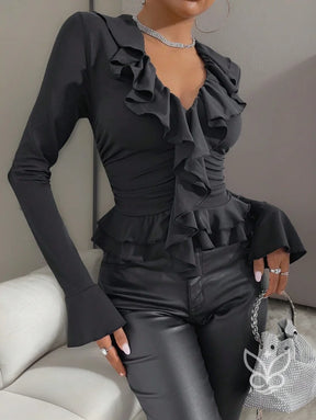Blusa Com Manga Flare Babados E Franzidos Na Cintura Preto / PP Blusa Com Manga Flare Babados E Franzidos Na Cintura