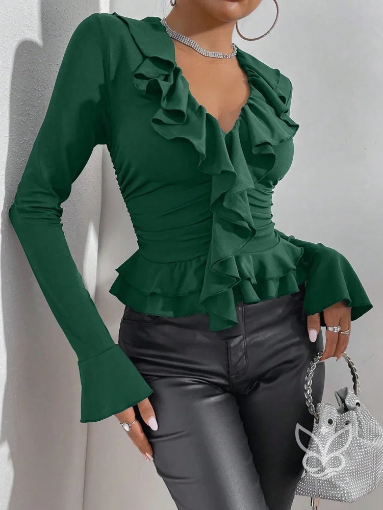 Blusa Com Manga Flare Babados E Franzidos Na Cintura Verde Escuro / PP Blusa Com Manga Flare Babados E Franzidos Na