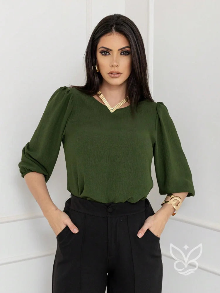 Blusa com Mangas Bufantes e Tecido Texturizado Chic Verde Militar / PP Blusa com Mangas Bufantes e Tecido Texturizado