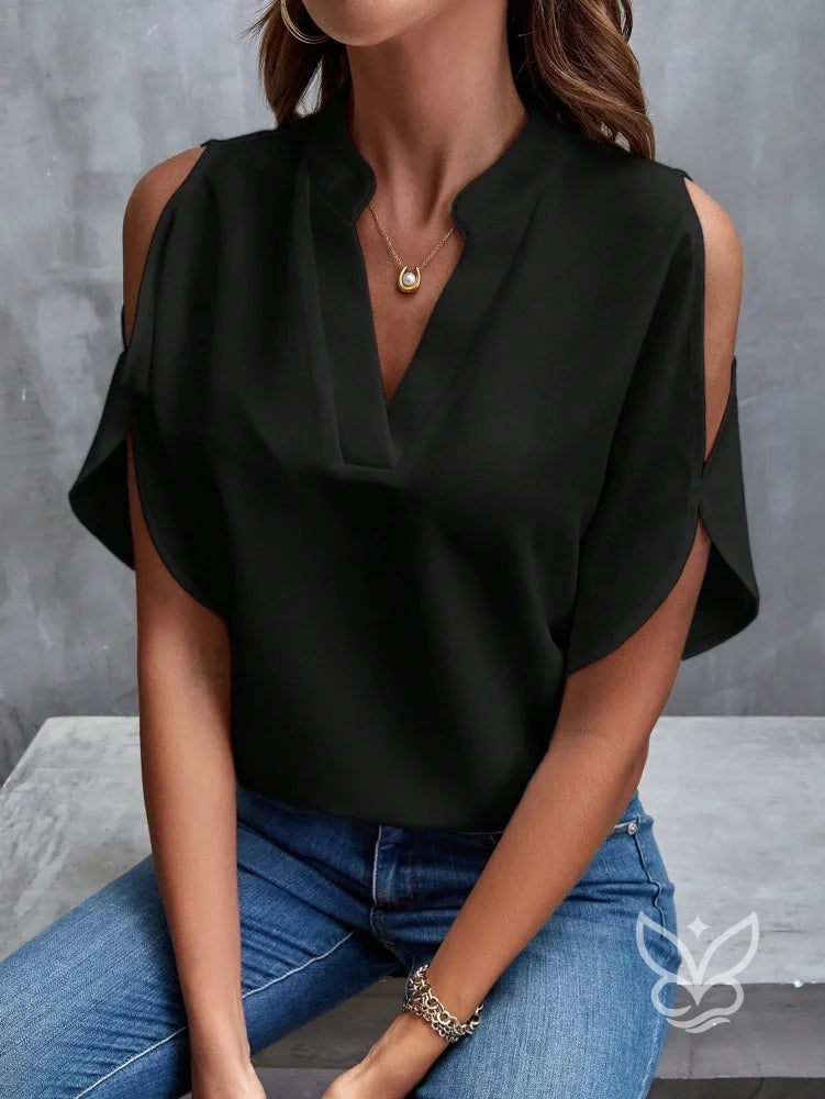 Blusa com Ombros Vazados e Decote em V Sofisticado Preto / P Blusa com Ombros Vazados e Decote em V Sofisticado