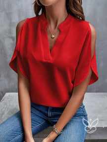 Blusa com Ombros Vazados e Decote em V Sofisticado Vermelho / P Blusa com Ombros Vazados e Decote em V Sofisticado