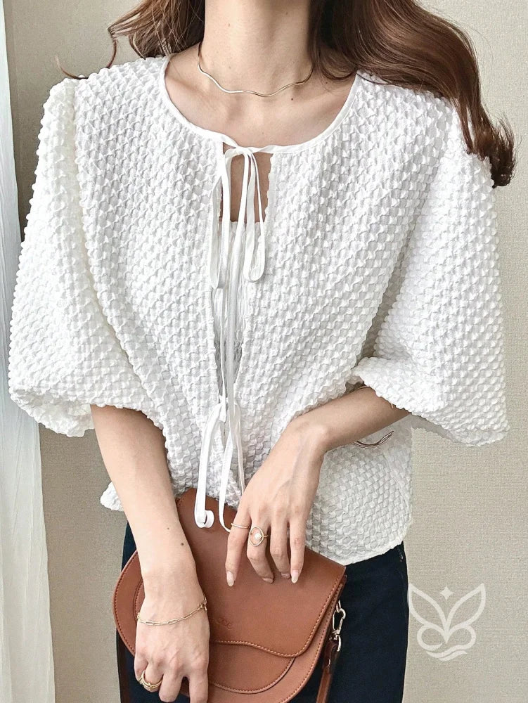 Blusa Com Textura Em Tricô E Amarração Frontal Branco / PP Blusa Com Textura Em Tricô E Amarração Frontal
