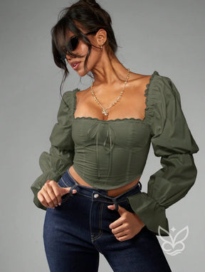 Blusa Corset Manga Bufante Gola Quadrada E Detalhes Rendas Blusa Corset Manga Bufante Gola Quadrada E Detalhes Rendas