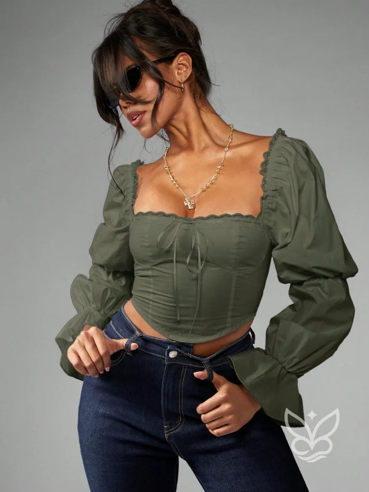 Blusa Corset Manga Bufante Gola Quadrada E Detalhes Rendas Blusa Corset Manga Bufante Gola Quadrada E Detalhes Rendas