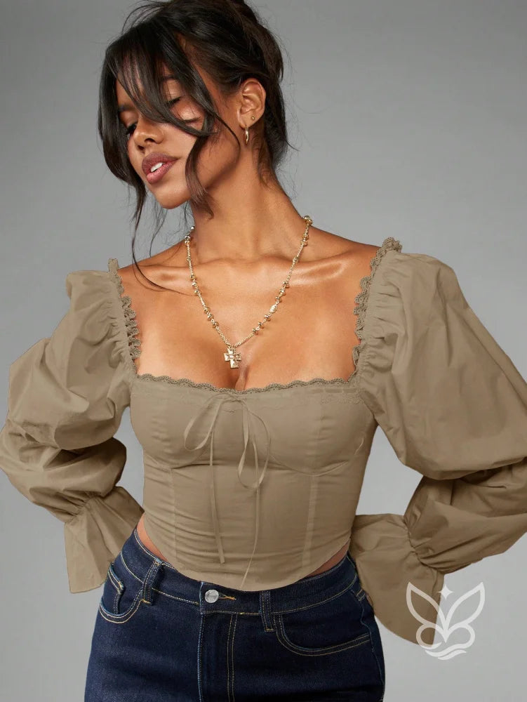 Blusa Corset Manga Bufante Gola Quadrada E Detalhes Rendas Blusa Corset Manga Bufante Gola Quadrada E Detalhes Rendas