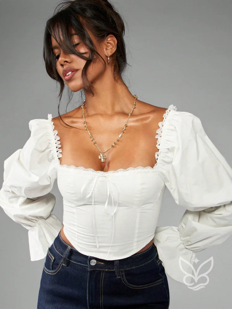 Blusa Corset Manga Bufante Gola Quadrada E Detalhes Rendas Blusa Corset Manga Bufante Gola Quadrada E Detalhes Rendas