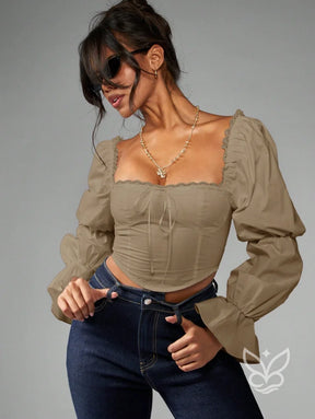 Blusa Corset Manga Bufante Gola Quadrada E Detalhes Rendas Blusa Corset Manga Bufante Gola Quadrada E Detalhes Rendas