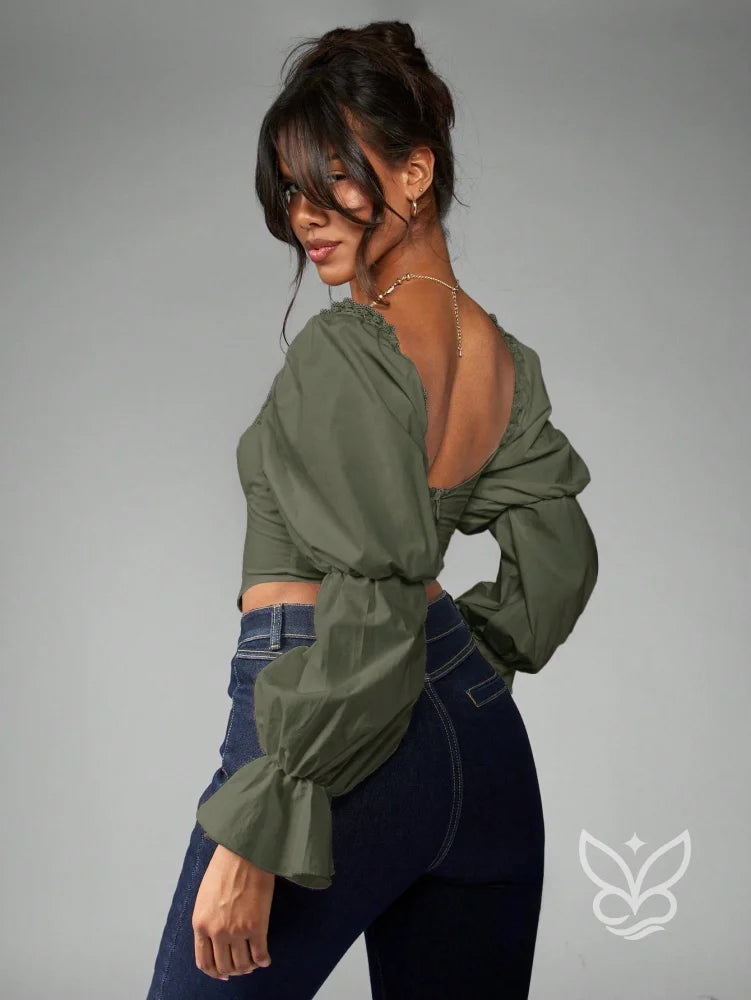 Blusa Corset Manga Bufante Gola Quadrada E Detalhes Rendas Blusa Corset Manga Bufante Gola Quadrada E Detalhes Rendas