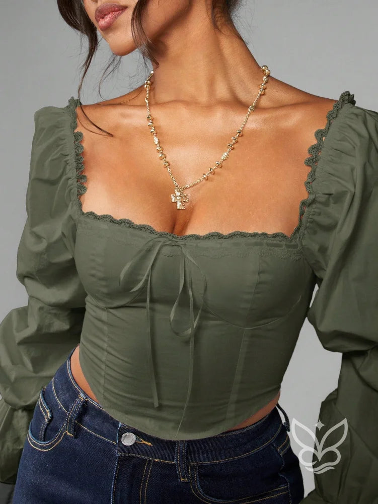Blusa Corset Manga Bufante Gola Quadrada E Detalhes Rendas Blusa Corset Manga Bufante Gola Quadrada E Detalhes Rendas