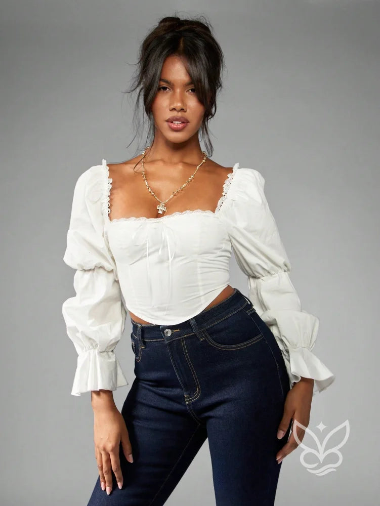 Blusa Corset Manga Bufante Gola Quadrada E Detalhes Rendas Branco / PP Blusa Corset Manga Bufante Gola Quadrada E