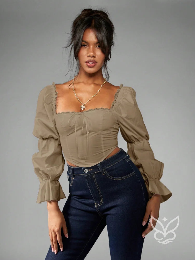 Blusa Corset Manga Bufante Gola Quadrada E Detalhes Rendas Marrom Claro / PP Blusa Corset Manga Bufante Gola Quadrada E