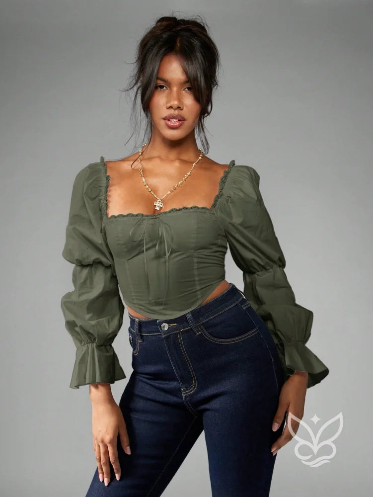 Blusa Corset Manga Bufante Gola Quadrada E Detalhes Rendas Verde Escuro / PP Blusa Corset Manga Bufante Gola Quadrada E