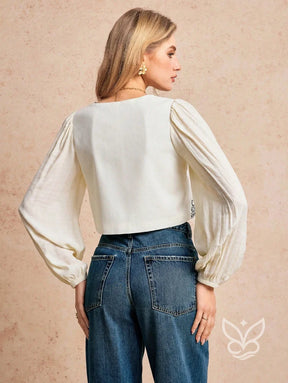 Blusa Cropped Bordada Com Amarração E Mangas Bufantes Blusa Cropped Bordada Com Amarração E Mangas Bufantes