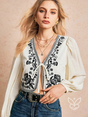 Blusa Cropped Bordada Com Amarração E Mangas Bufantes Blusa Cropped Bordada Com Amarração E Mangas Bufantes