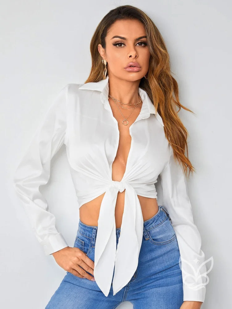 Blusa Cropped Em Cetim Com Amarração Frontal Sofisticada Branco / PP Blusa Cropped Em Cetim Com Amarração Frontal