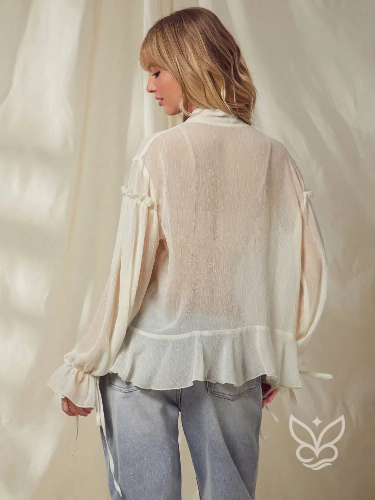 Blusa Cropped Em Tule Com Manga Bufante E Amarração Frontal Blusa Cropped Em Tule Com Manga Bufante E Amarração Frontal