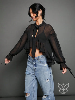 Blusa Cropped Em Tule Com Manga Bufante E Amarração Frontal Blusa Cropped Em Tule Com Manga Bufante E Amarração Frontal