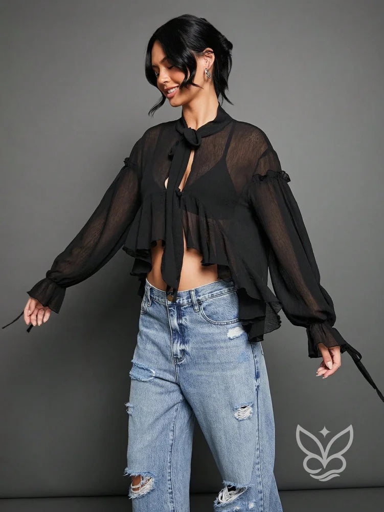 Blusa Cropped Em Tule Com Manga Bufante E Amarração Frontal Blusa Cropped Em Tule Com Manga Bufante E Amarração Frontal