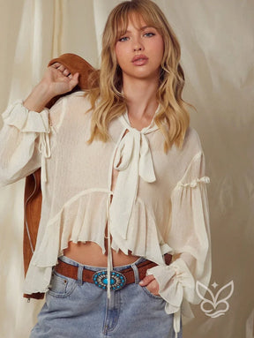 Blusa Cropped Em Tule Com Manga Bufante E Amarração Frontal Damasco / PP Blusa Cropped Em Tule Com Manga Bufante E